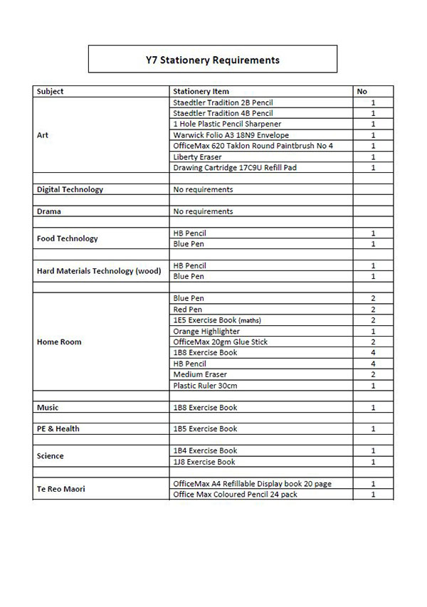 Stationery Lists - Otamatea High School